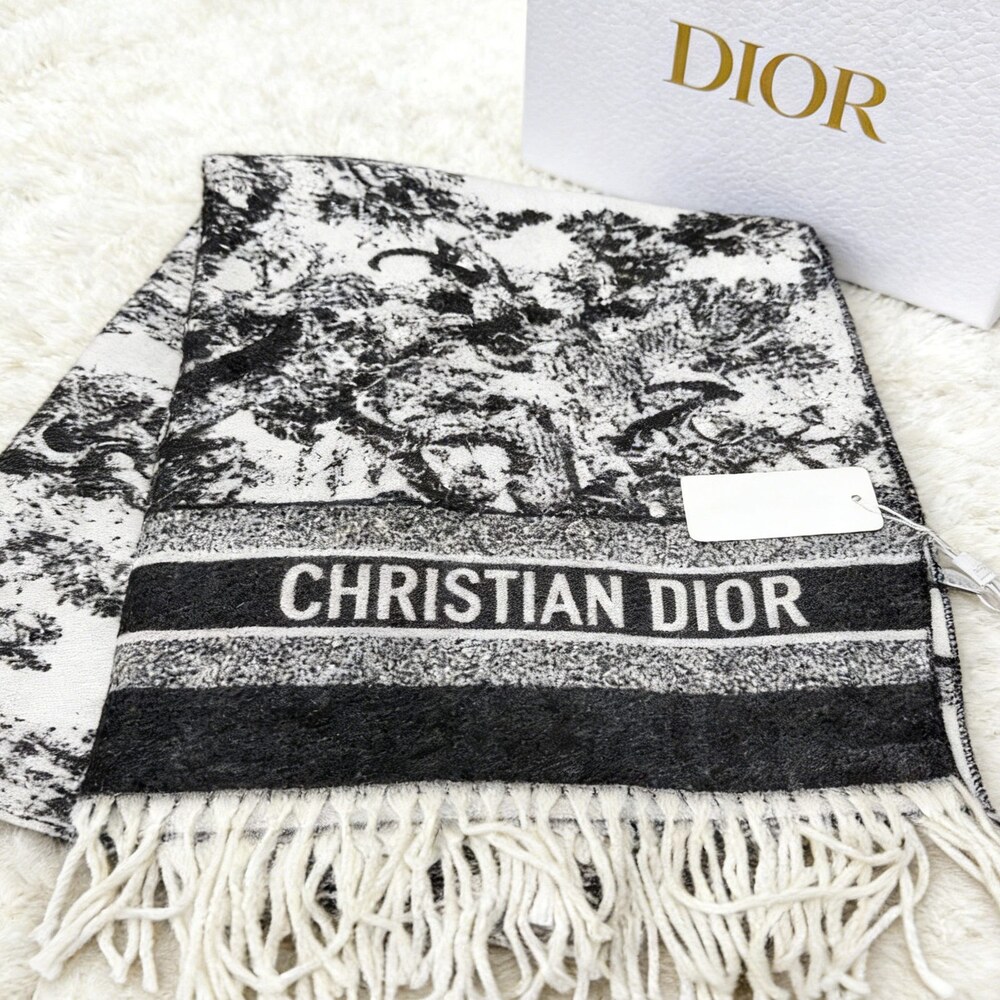 Dior Black Ivory Woodland Print Fringe Scarf - Picture 2 of 4